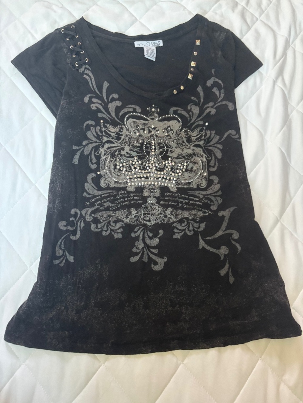 RXB Rhinestone Crown Graphic Studded Lace Up Tee
